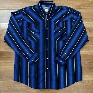 VTG Express Riders Southwest Blue Striped Western Shirt Pearl Snap XL